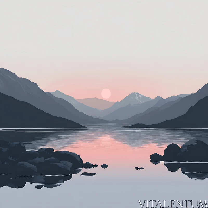 Peaceful Mountain Sunset Reflecting in Calm Lake AI Image