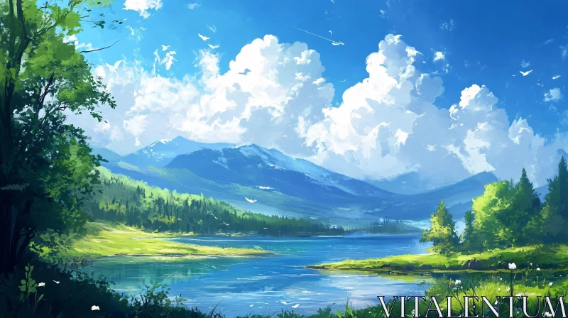 Idyllic Nature Scene with Lake and Mountains AI Image