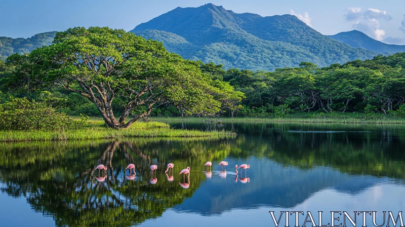 AI ART Flamingos by a Tranquil Lake