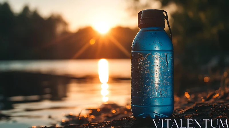 Sunlit Water Bottle Near Lake AI Image