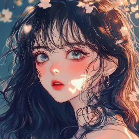 Captivating Anime Artwork Featuring a Blue-Eyed Girl with Flowers