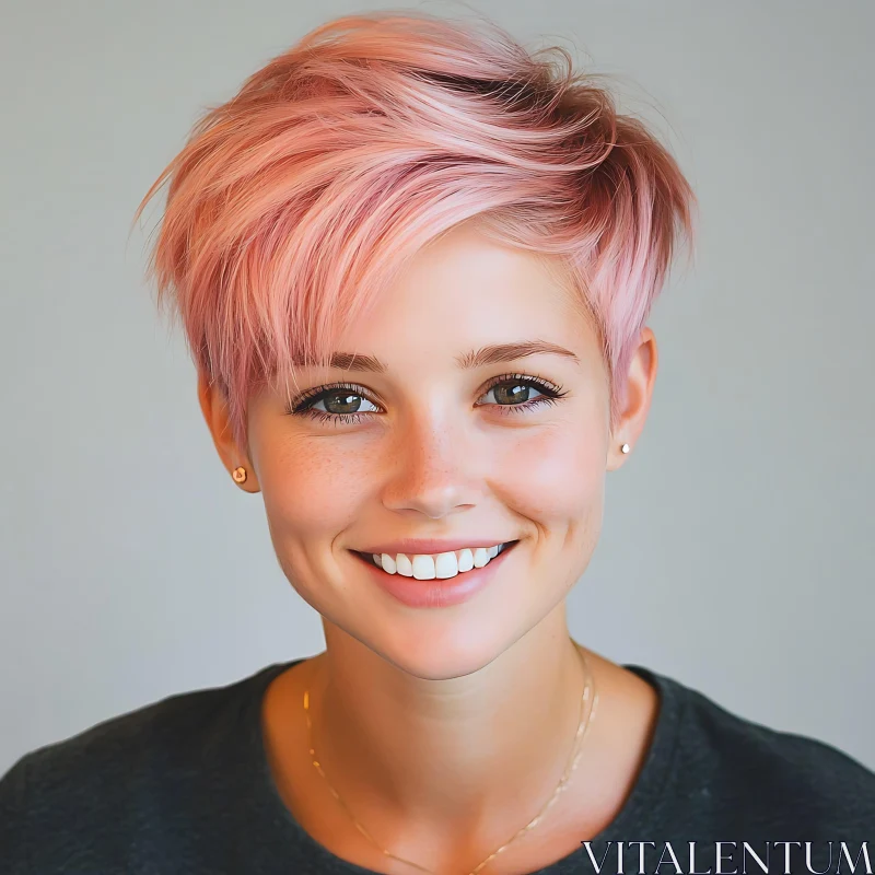 Smiling Woman with Short Pink Hair - Portrait Photography AI Image