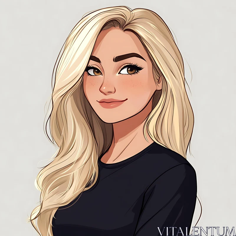 Blonde Cartoon Woman with Long Hair and Dark Shirt AI Image