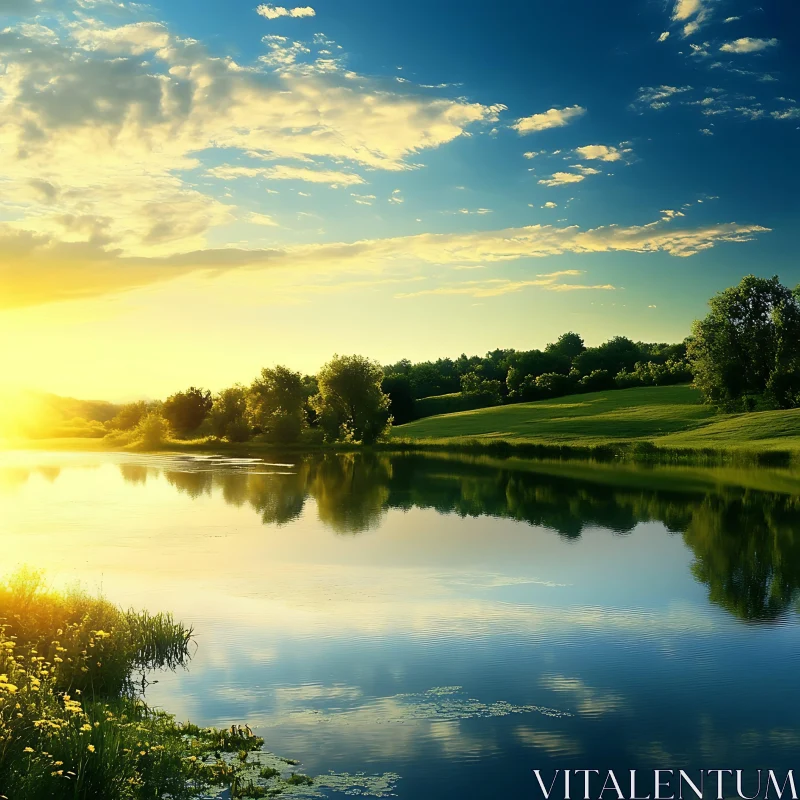 Golden Sunset Over a Peaceful Lake AI Image