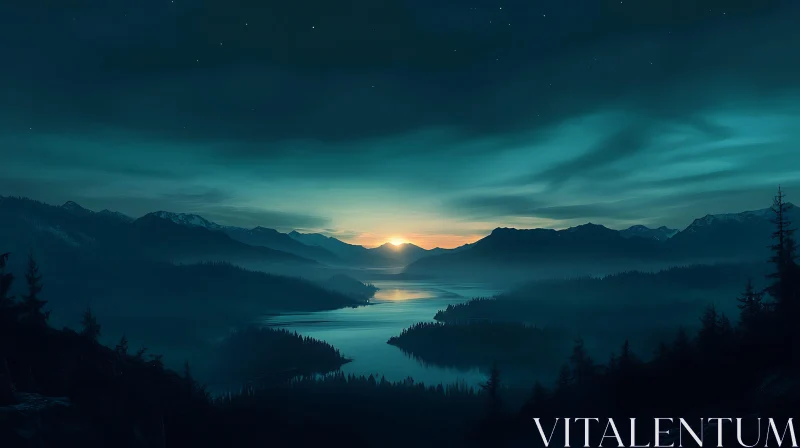 Serene Sunset Landscape with Mountains and Lake AI Image