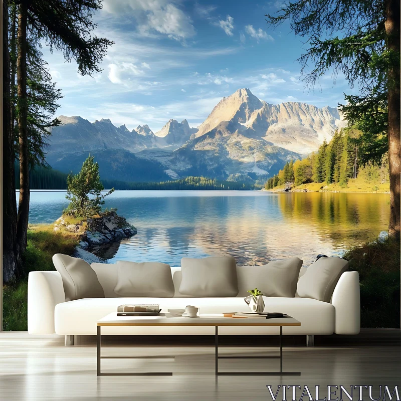 Stunning Lake and Mountain Landscape with Contemporary Sofa AI Image