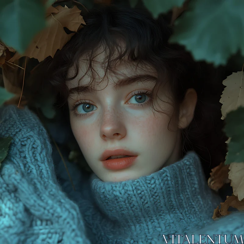 Woman Surrounded by Autumn Leaves in Blue Sweater AI Image