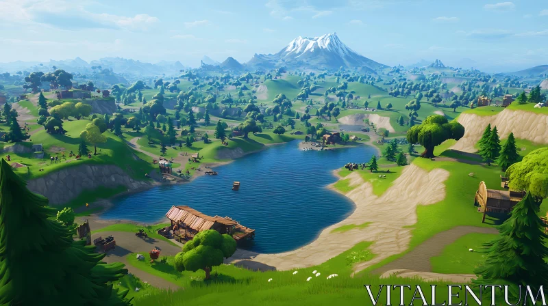 Peaceful Lakeside Countryside with Mountain View AI Image