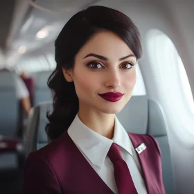 Smiling Flight Attendant in Burgundy Uniform on a Plane