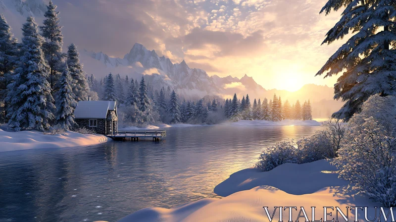 Peaceful Winter Landscape with Mountains and Cabin AI Image