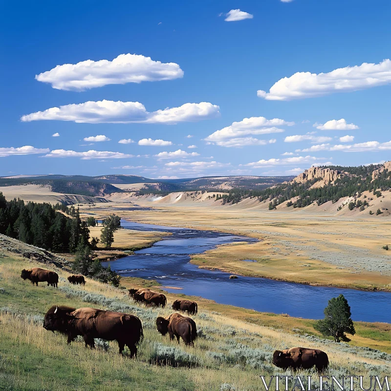 AI ART Peaceful Bison Herd in Scenic River Valley