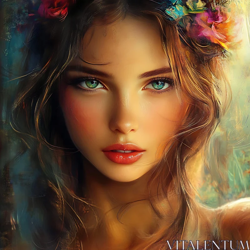 AI ART Captivating Floral Adorned Woman with Blue-Green Eyes