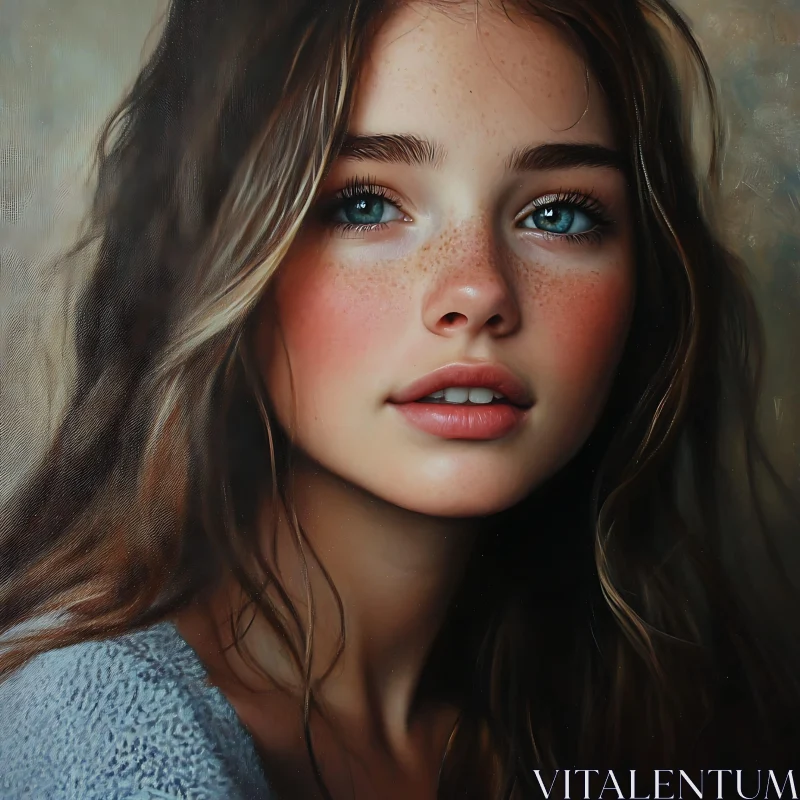 Young Woman with Freckles and Blue Eyes AI Image