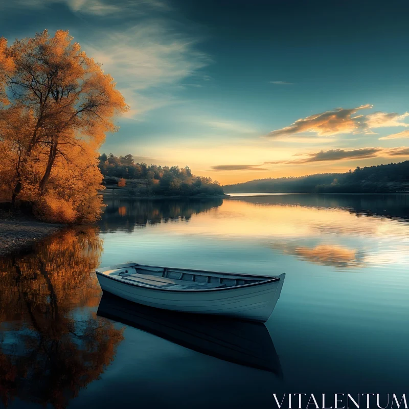 AI ART Serene Sunset Over Calm Lake with Floating Boat