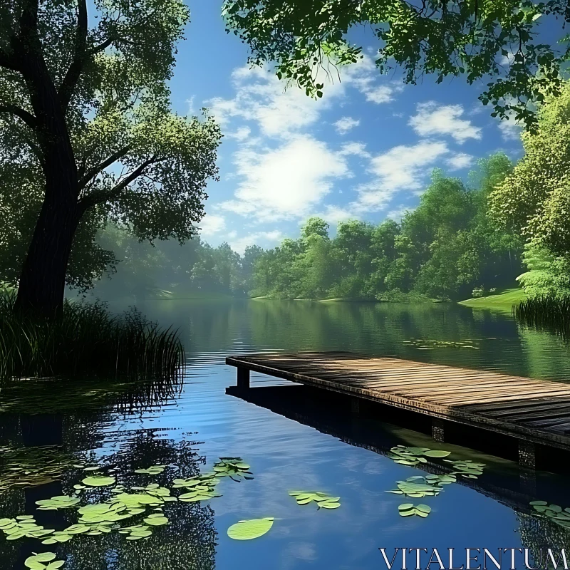 Tranquil Lake with Dock and Lily Pads AI Image