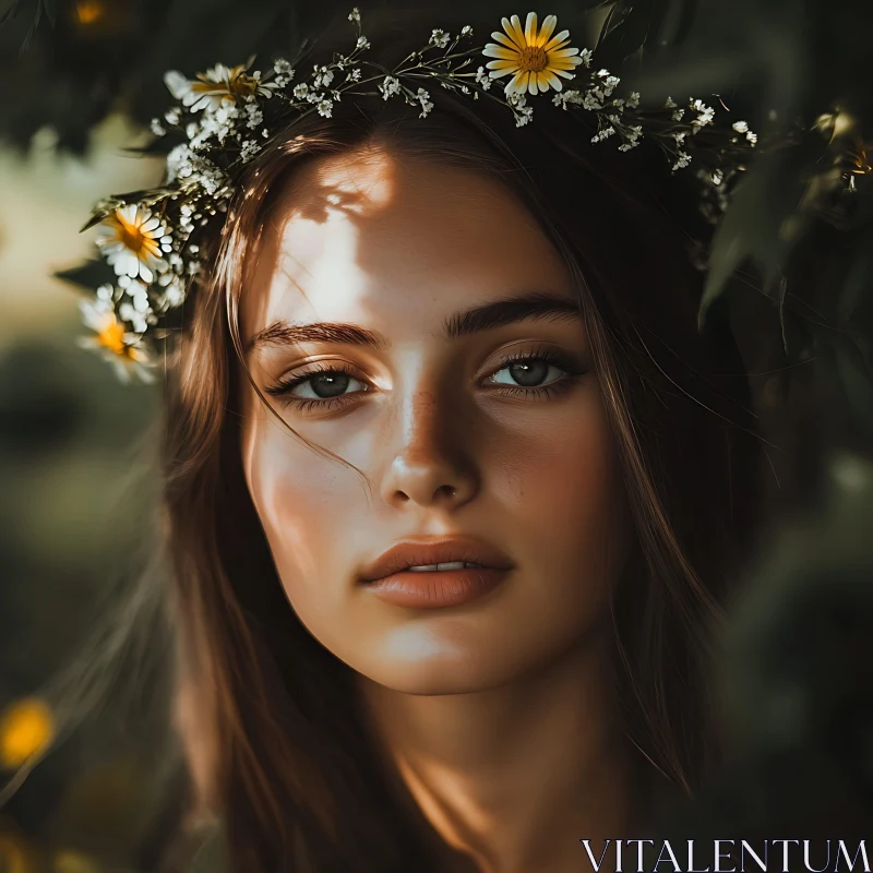 Woman's Portrait with Flowers in Hair AI Image