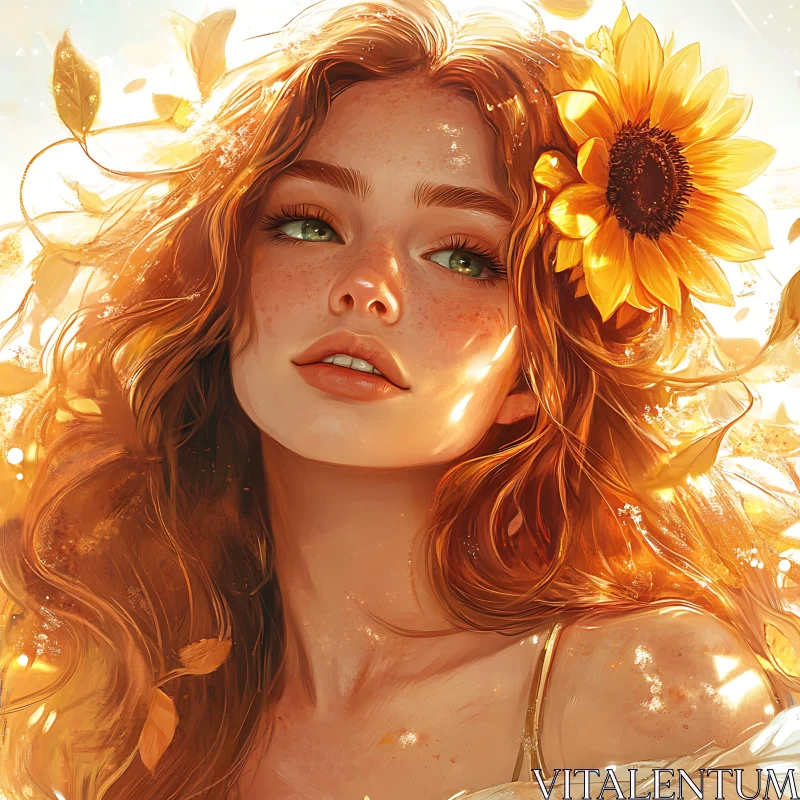 AI ART Radiant Red-Haired Woman with Sunflower