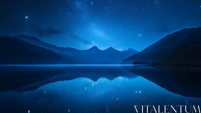 Nighttime Serenity: Starry Sky Meets Calm Lake AI Image