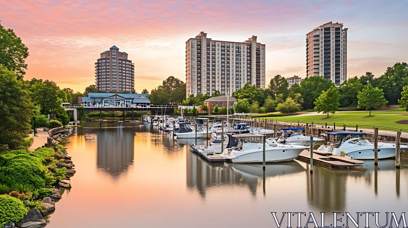 AI ART Sunset Marina with Docked Boats and City Buildings