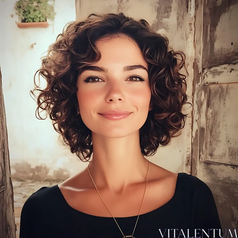 Portrait of a Smiling Woman with Curly Hair AI Image