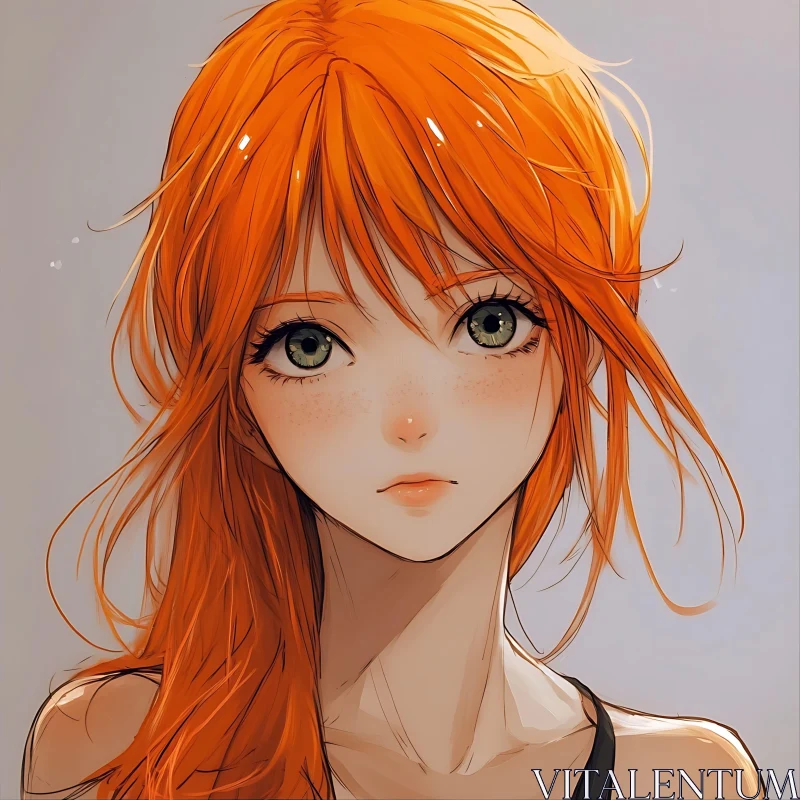 Red-Haired Anime Girl with Freckles and Green Eyes AI Image