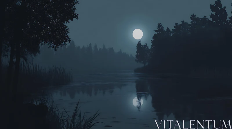 Misty Nighttime Lake with Moon Reflection AI Image