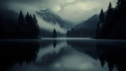 Mystical Lake in the Foggy Forest