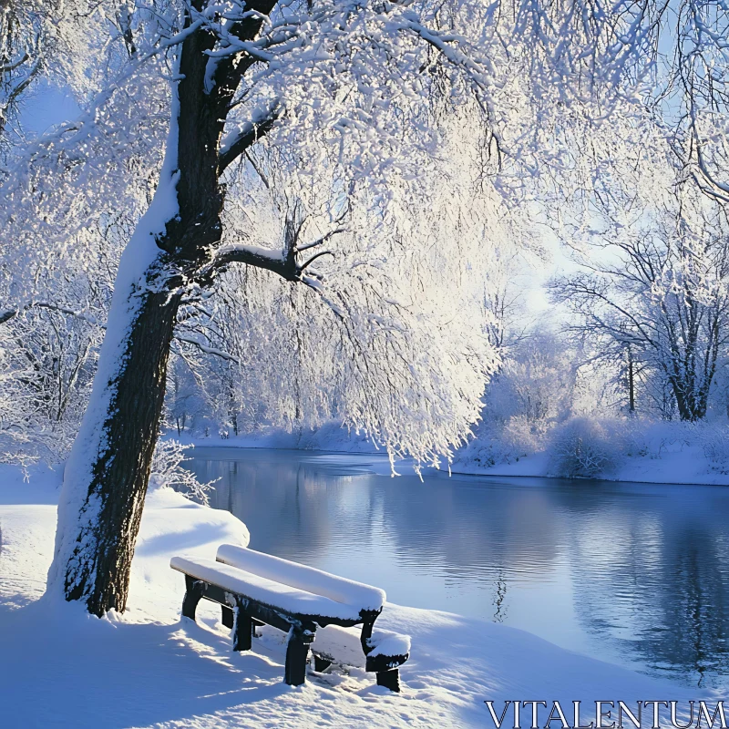 Tranquil Snow-Covered Bench by Frosty Riverbank AI Image