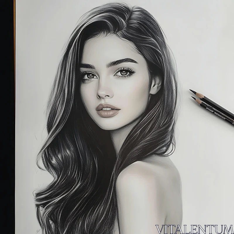 Detailed Female Portrait in Pencil AI Image