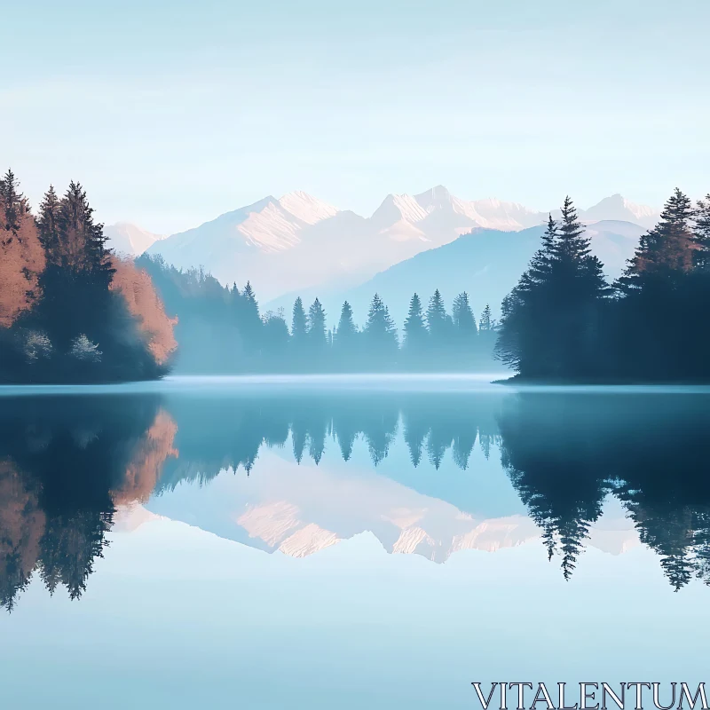 Misty Mountain Lake Reflection AI Image