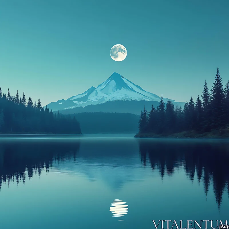 Peaceful Night with Moon Over Mountain Lake AI Image