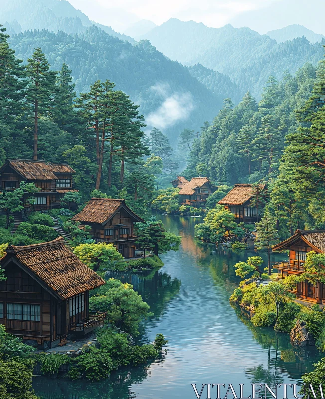 Peaceful Wooden Cabins in a Forest Valley AI Image