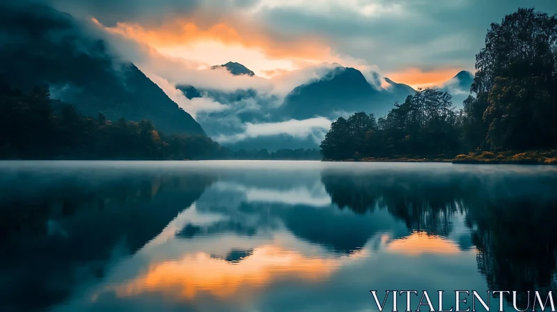 Misty Mountains Reflecting on a Tranquil Lake at Sunset AI Image