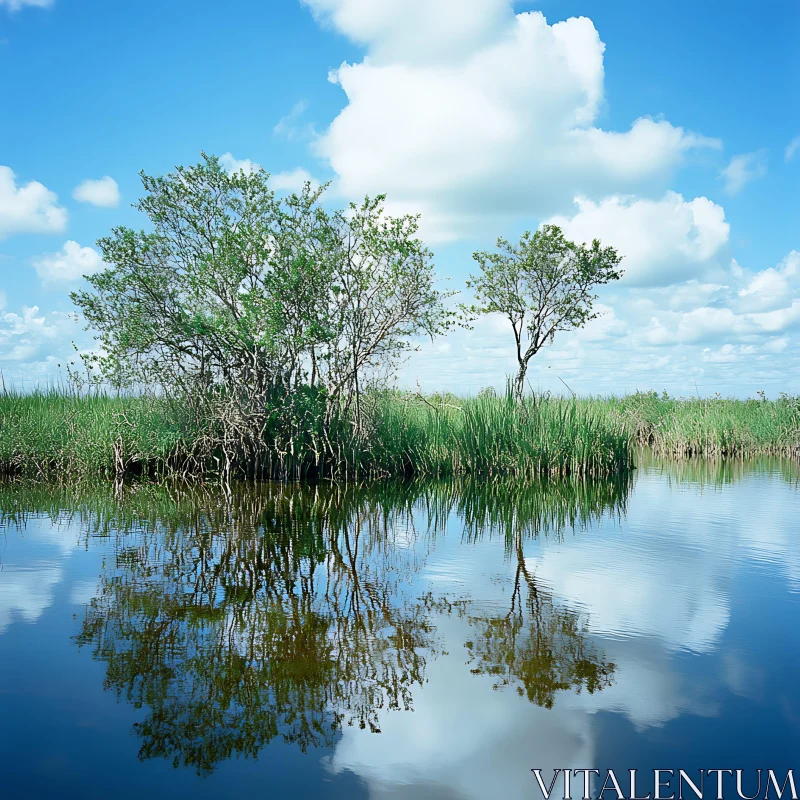 Serene Reflections of Trees in a Calm Lake AI Image