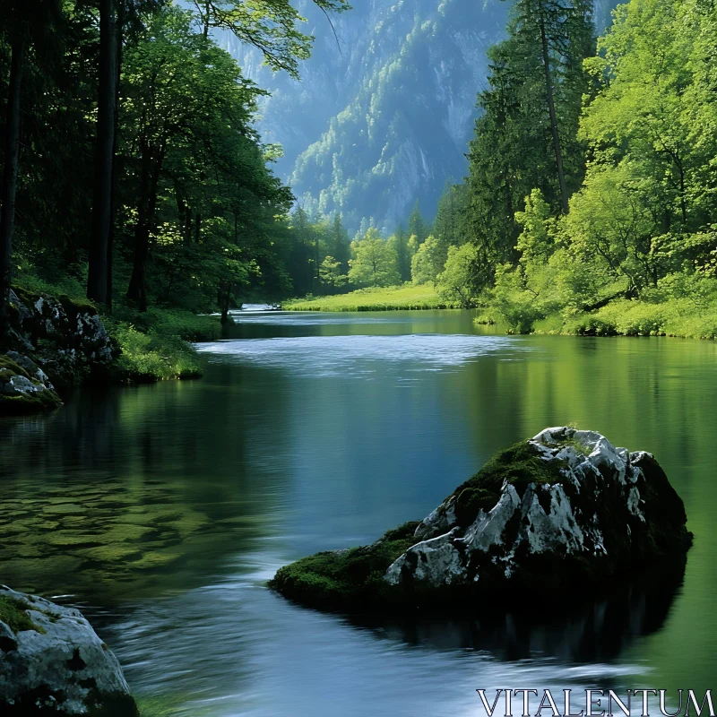 Idyllic Forest River with Mossy Rocks AI Image