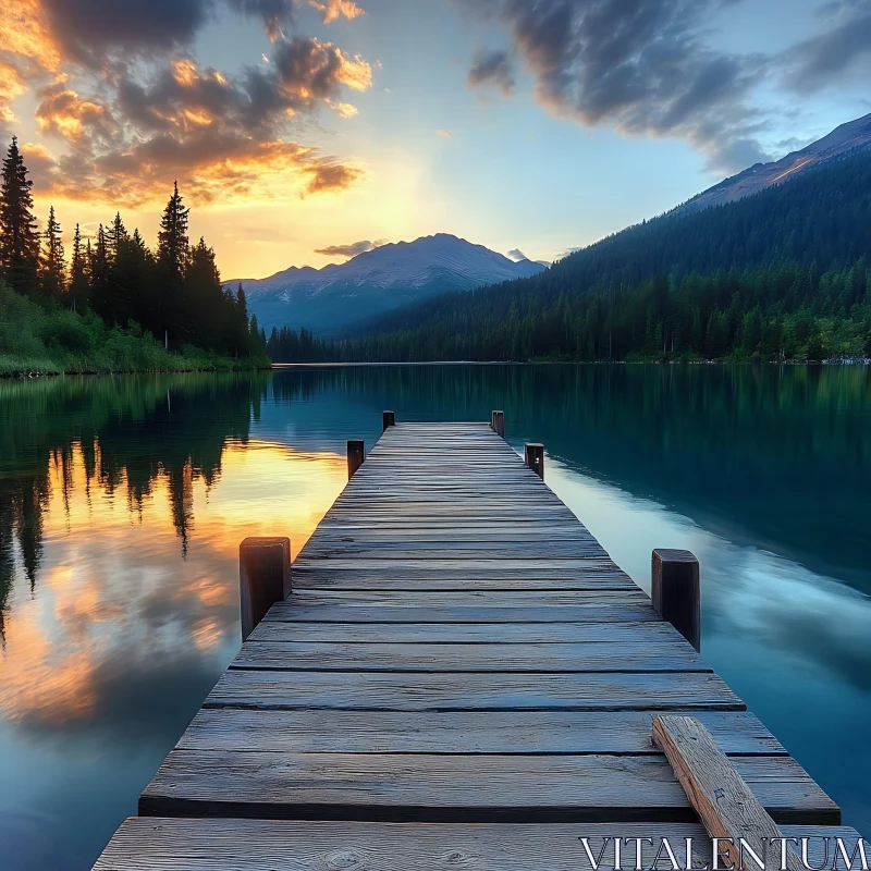 Peaceful Pier over Serene Sunset Lake AI Image