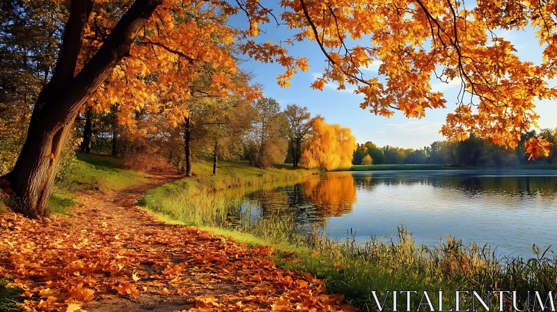 Golden Autumn Path Along a Tranquil Lake AI Image