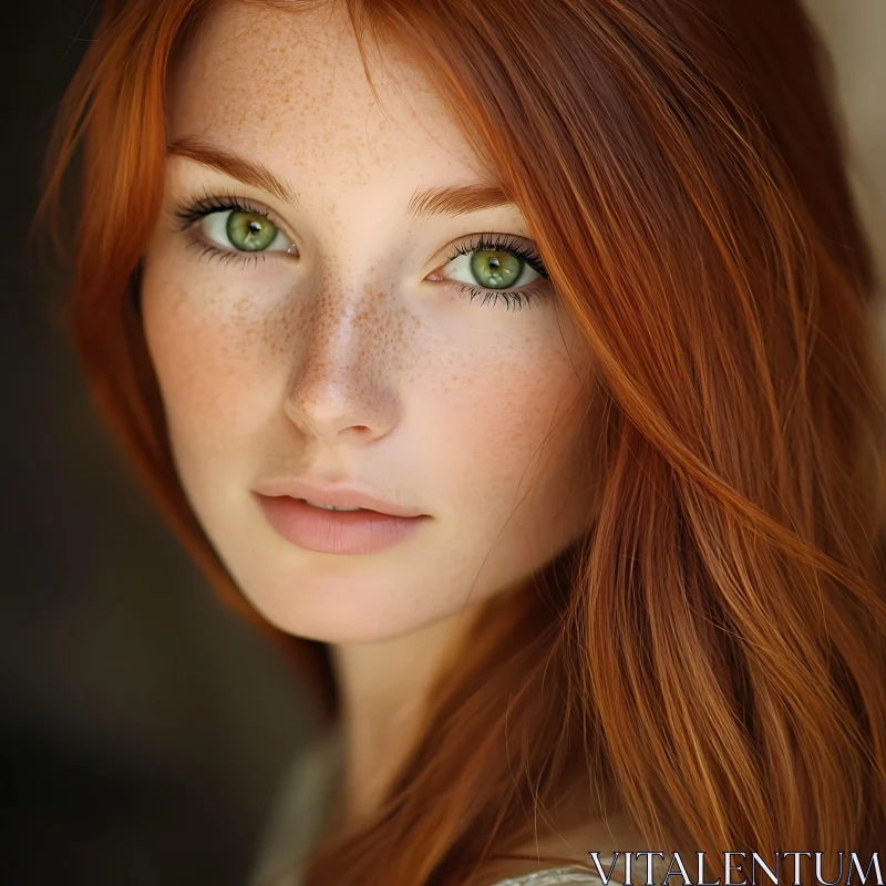 Redhead Woman with Green Eyes and Freckles Portrait AI Image