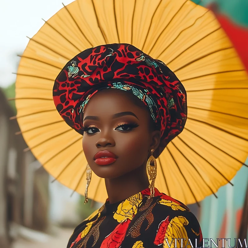 Woman in Vibrant Traditional Fashion with Yellow Umbrella AI Image