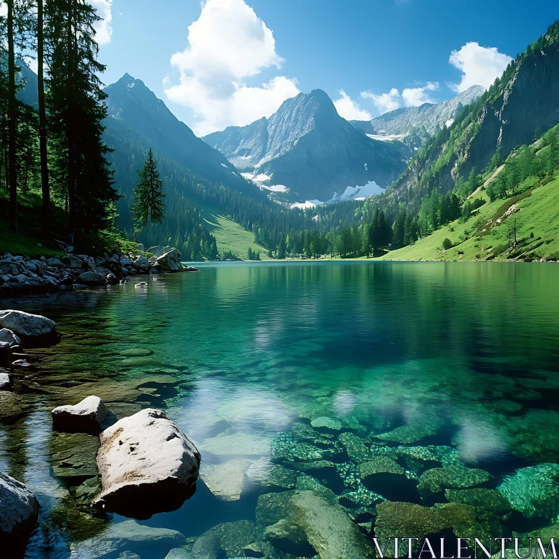 Serene Lake Landscape with Forest and Mountains AI Image