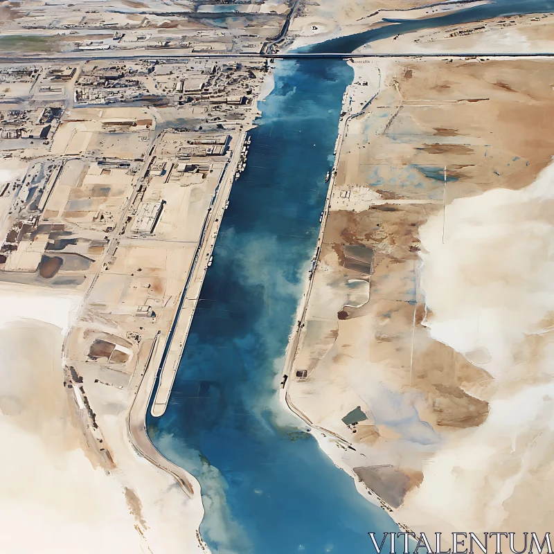 A Bird’s Eye View of a Canal Through a Desert AI Image