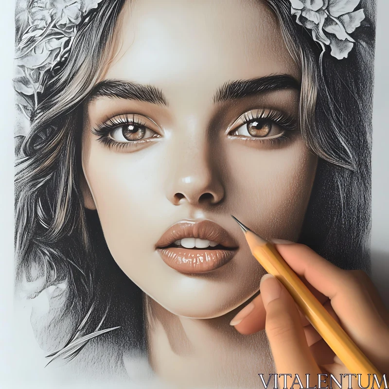 Detailed Portrait of a Woman in Pencil AI Image