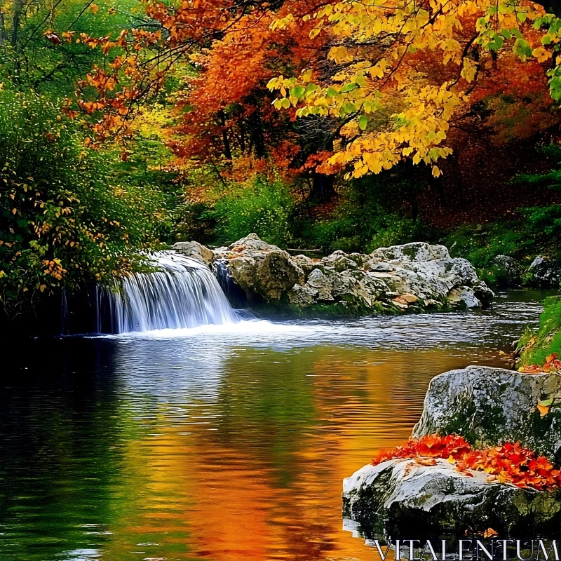 AI ART Autumn Waterfall with Colorful Reflections