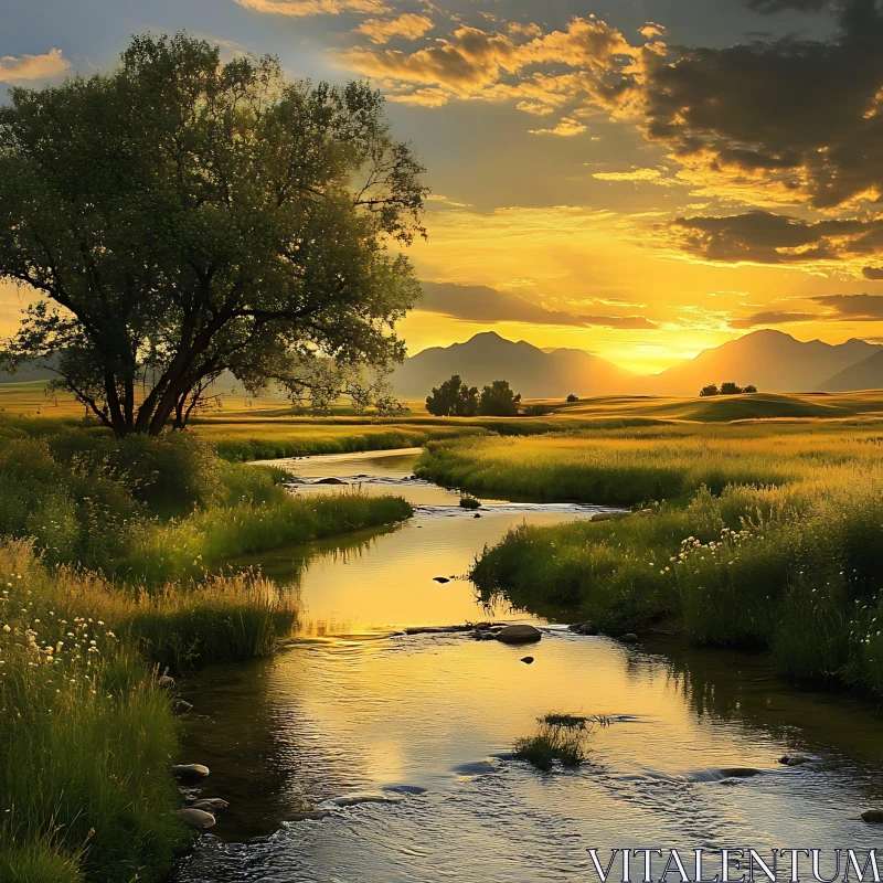 Golden Sunset Reflections in a Peaceful Meadow AI Image