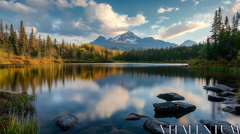 Mountain Lake with Snowy Peaks and Forest AI Image