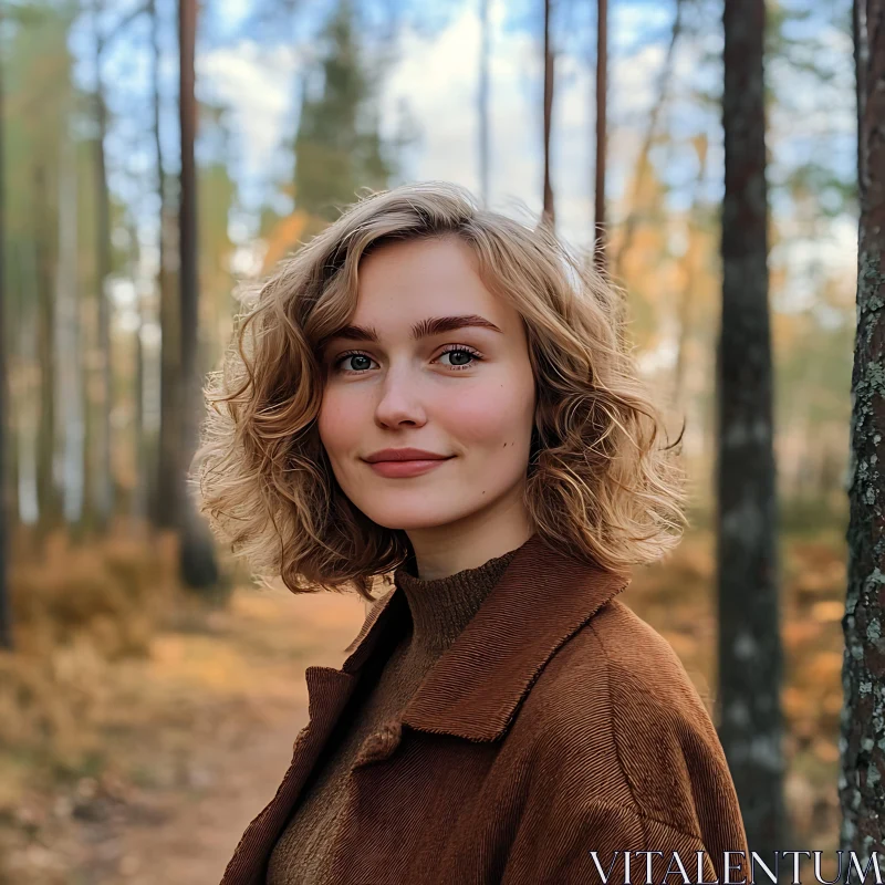 Young Woman in Brown Coat in a Serene Forest AI Image