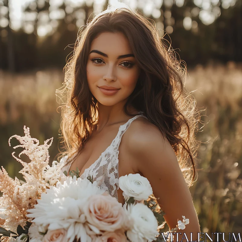 Sunlit Portrait of a Woman with Flowers AI Image