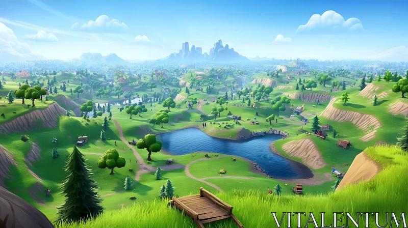 Tranquil Valley with Green Hills and Central Lake AI Image