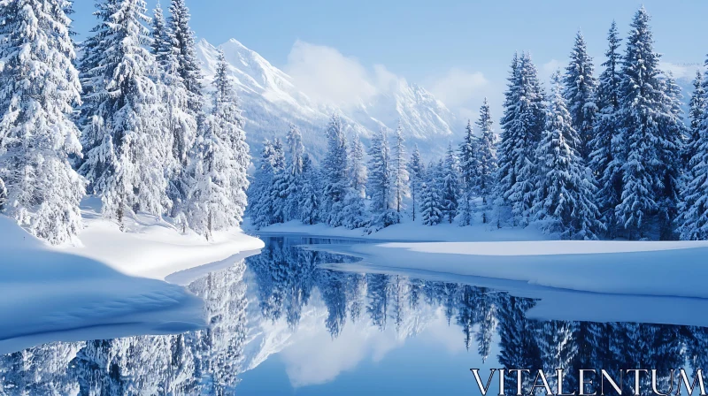 Winter Wonderland with Snow-Capped Trees and Calm River AI Image