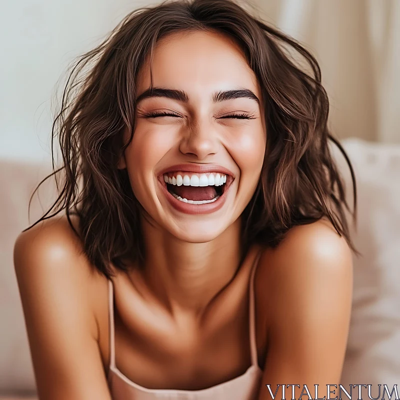 Happy Woman with Brown Hair Laughing AI Image